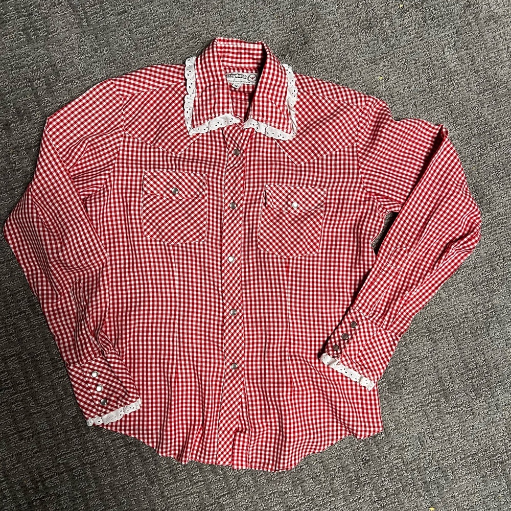 VTG Girls Shepler's Gingham Red Lace Pearl Snaps Size 14